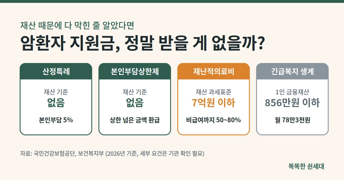 암환자 지원금 재산 기준 비교, 산정특례·본인부담상한제는 재산 기준 없음, 재난적의료비 과세표준 7억원 이하, 긴급복지 1인 금융재산 856만원 이하