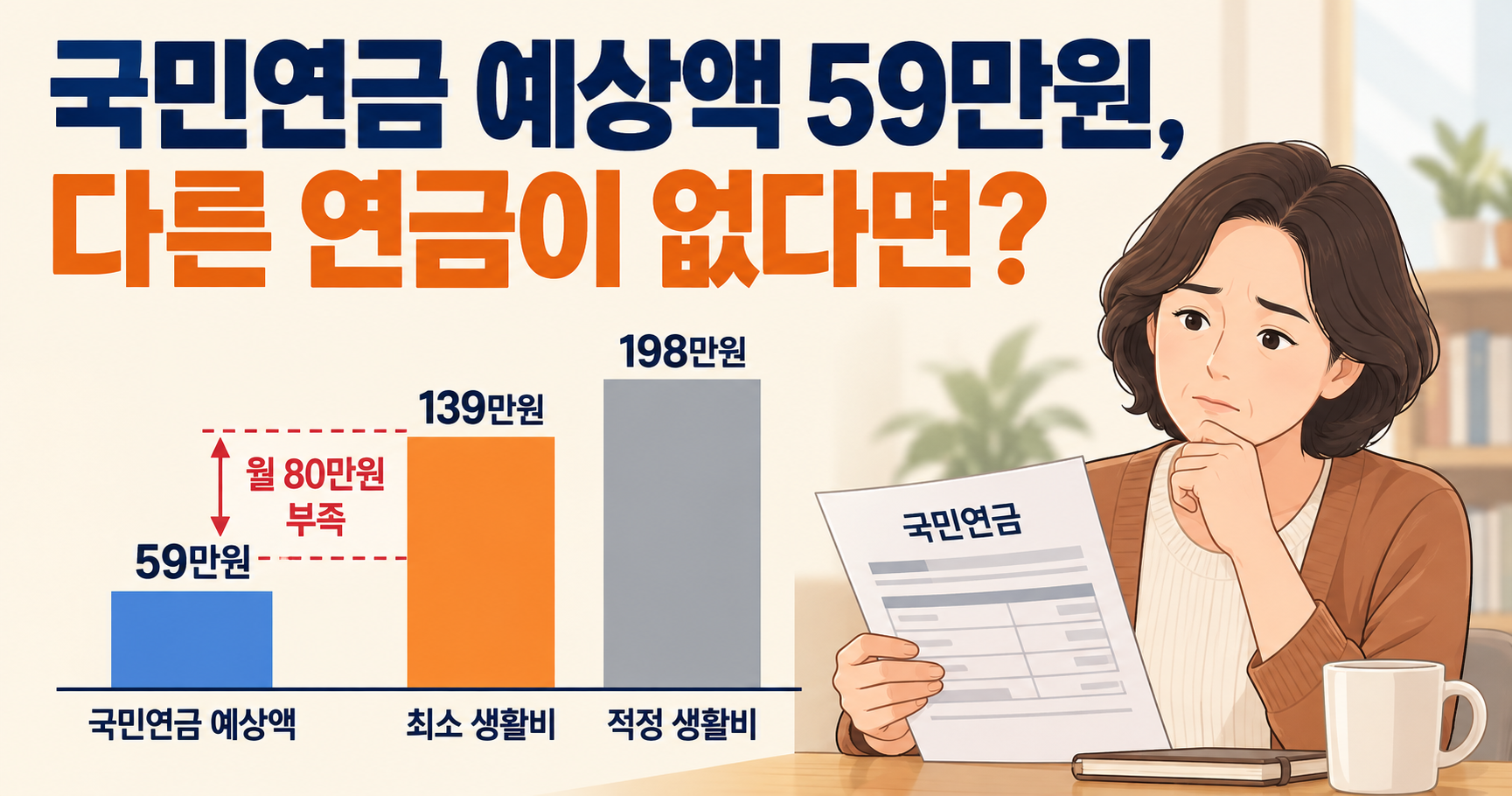 국민연금 예상액 월 59만원과 1인 최소 노후생활비 139만2천원 비교 그래프