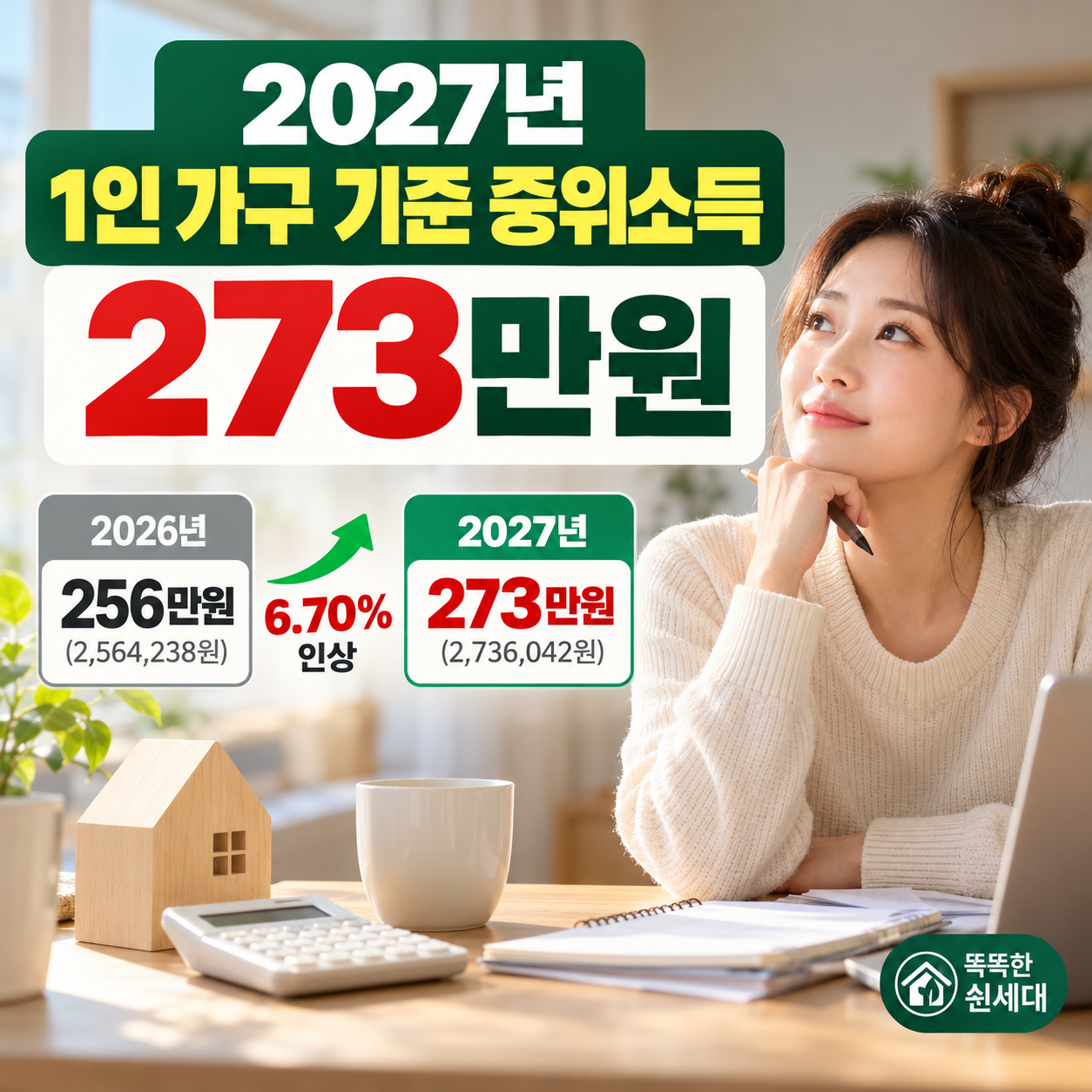 2027년 1인 가구 기준 중위소득 273만 6042원과 생계급여 선정 기준