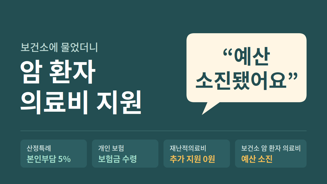 암 환자 의료비 지원을 보건소에 문의했더니 예산 소진 답변을 받았다는 말풍선과 산정특례·개인 보험·재난적의료비·보건소 지원 결과
