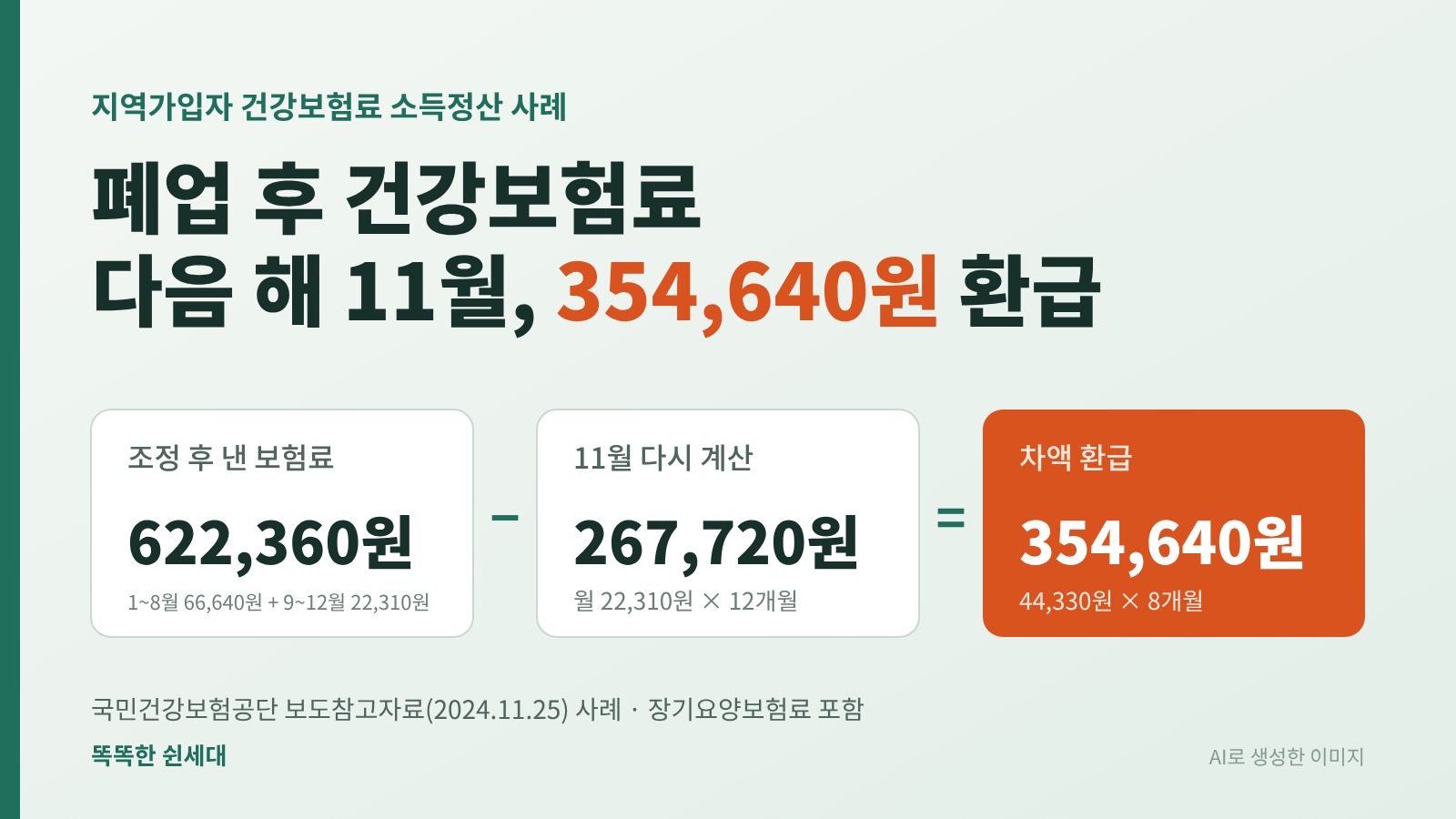 폐업 후 건강보험료 조정 후 622,360원, 다시 계산 267,720원, 환급 354,640원 비교 카드