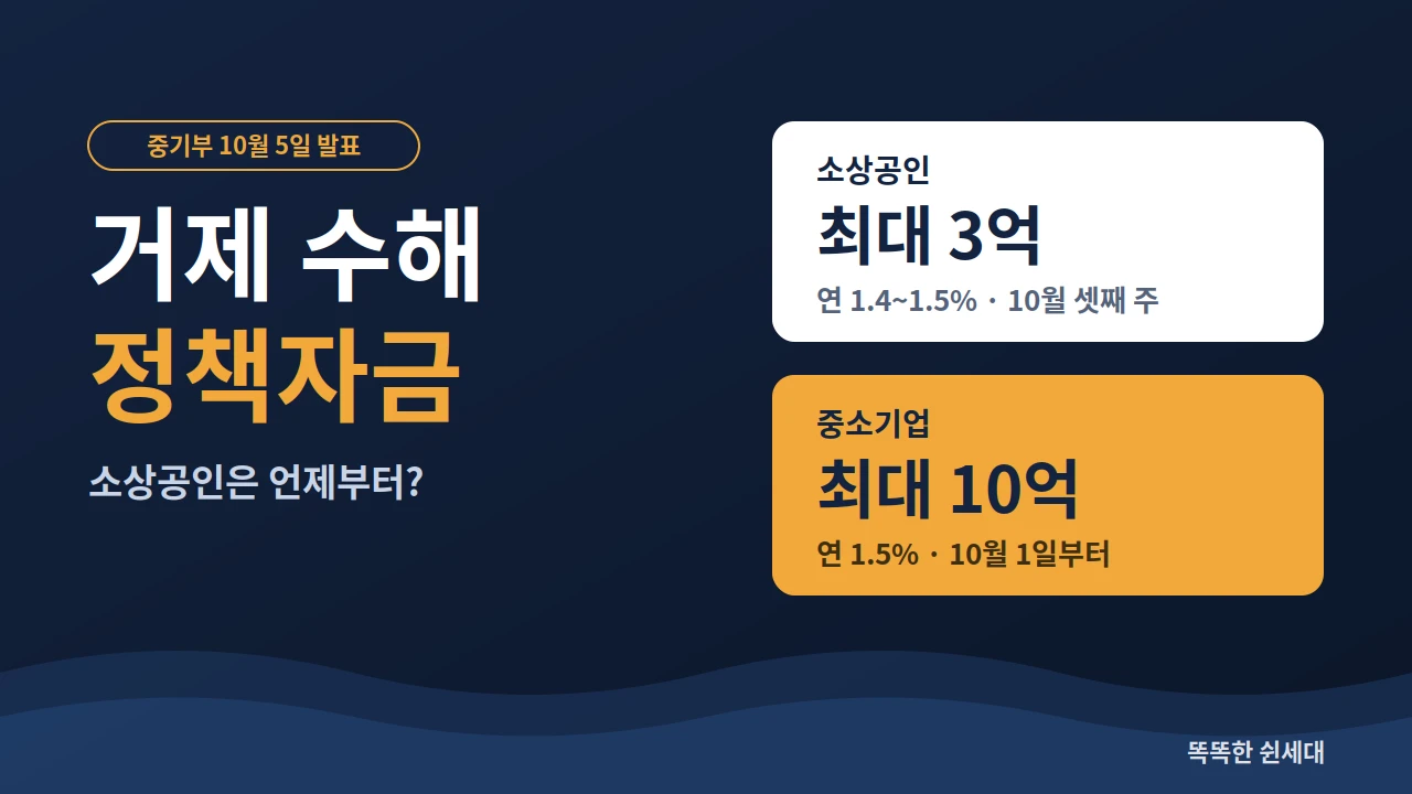 거제 수해 정책자금 소상공인 최대 3억 원과 중소기업 최대 10억 원 대출 조건 비교 그래픽