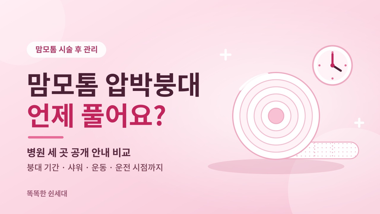 맘모톰 압박붕대 언제 풀어요 문구와 붕대 롤, 시계를 그린 핑크 파스텔 일러스트