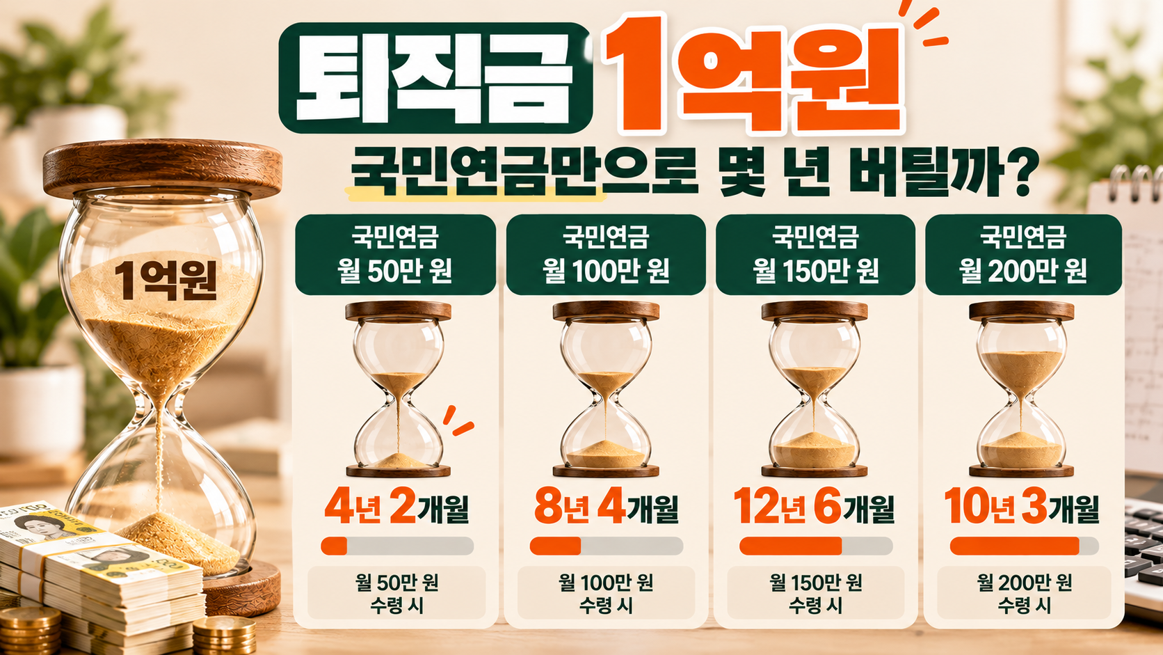 퇴직금 1억원 국민연금 액수별 노후생활비 소진 기간 비교 그래프